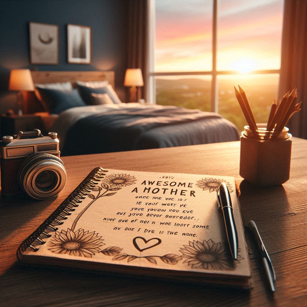 Notebook on a table in a bedroom by a big window with a sunset
